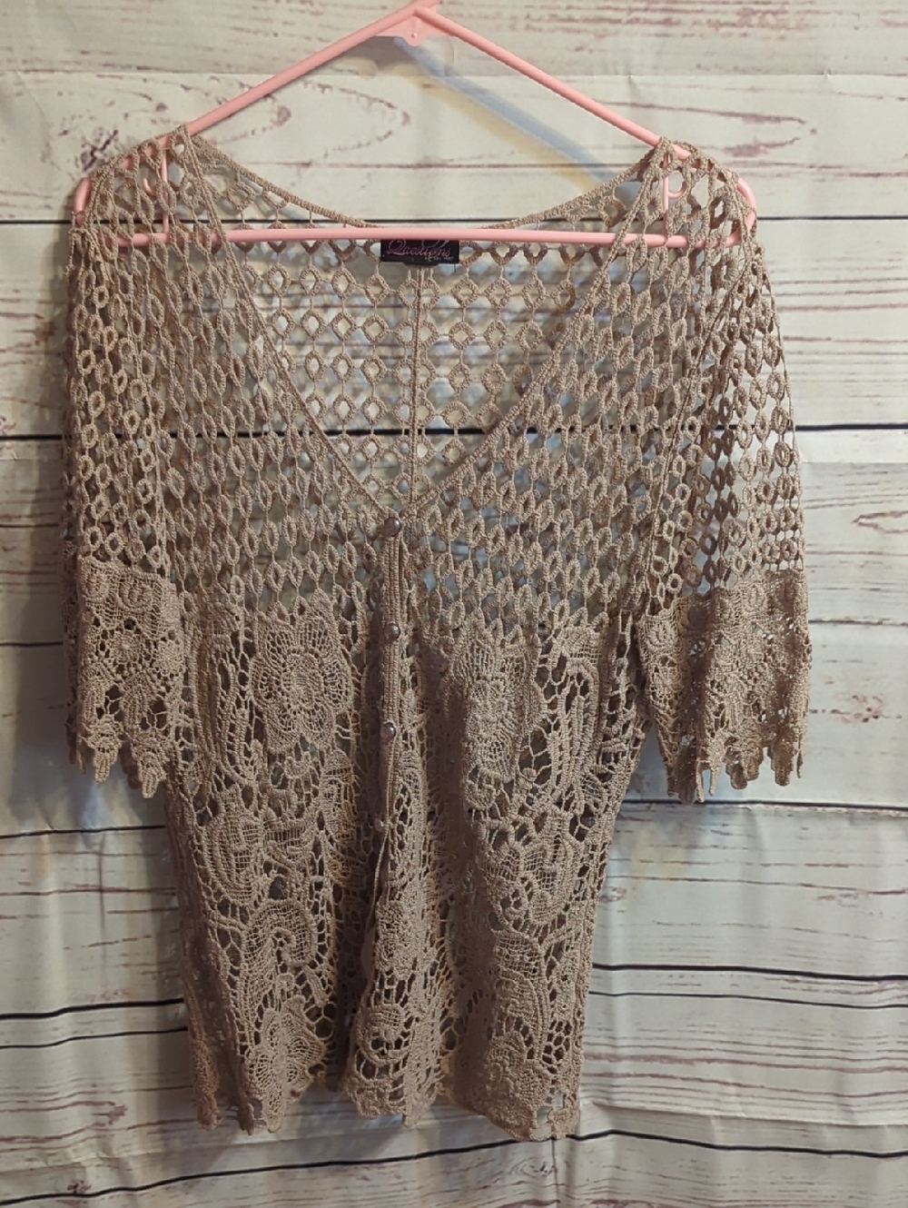 Delicate Crochet V-Neck Lace Top - Taupe